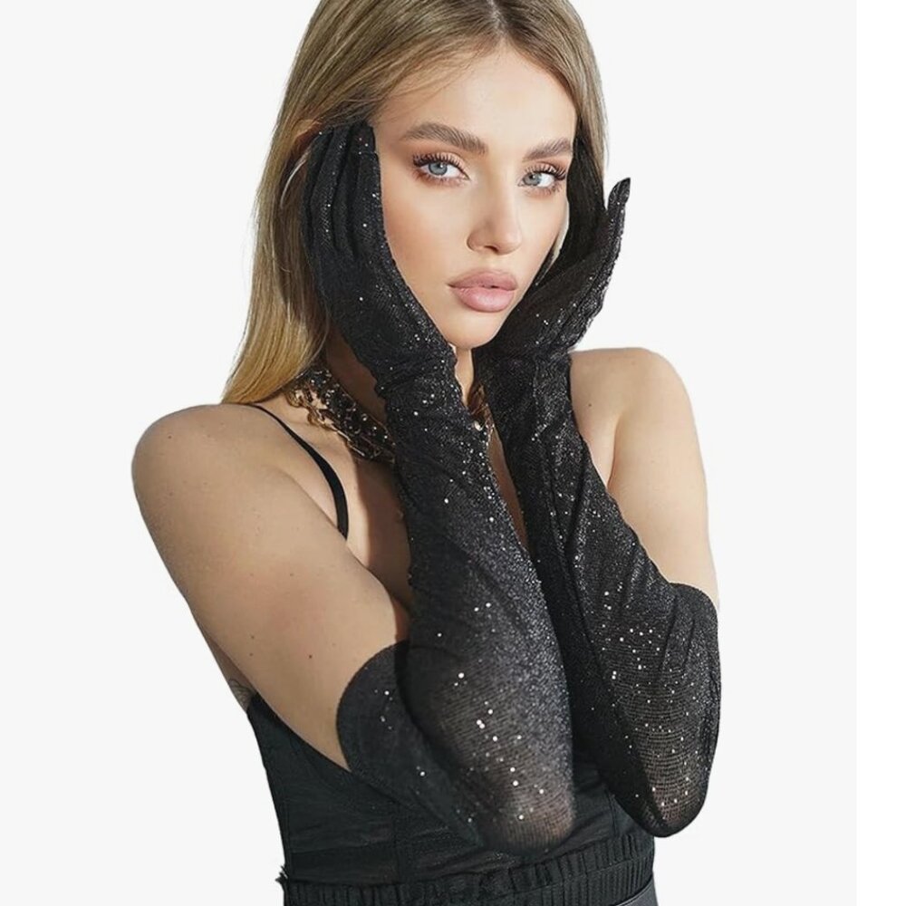 Glitter Black Mesh Gloves